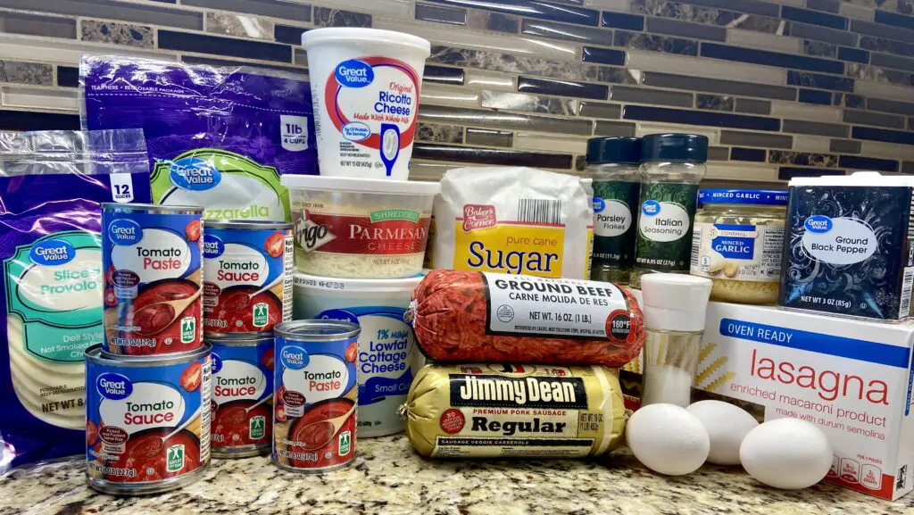 All of the ingredients you will need to make the best homemade lasagna recipe.