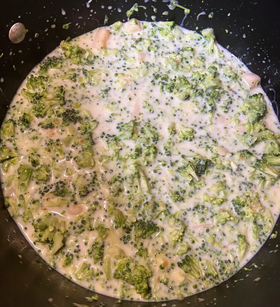 all of your ingredients except the cheese mixed together to make broccoli cheese soup