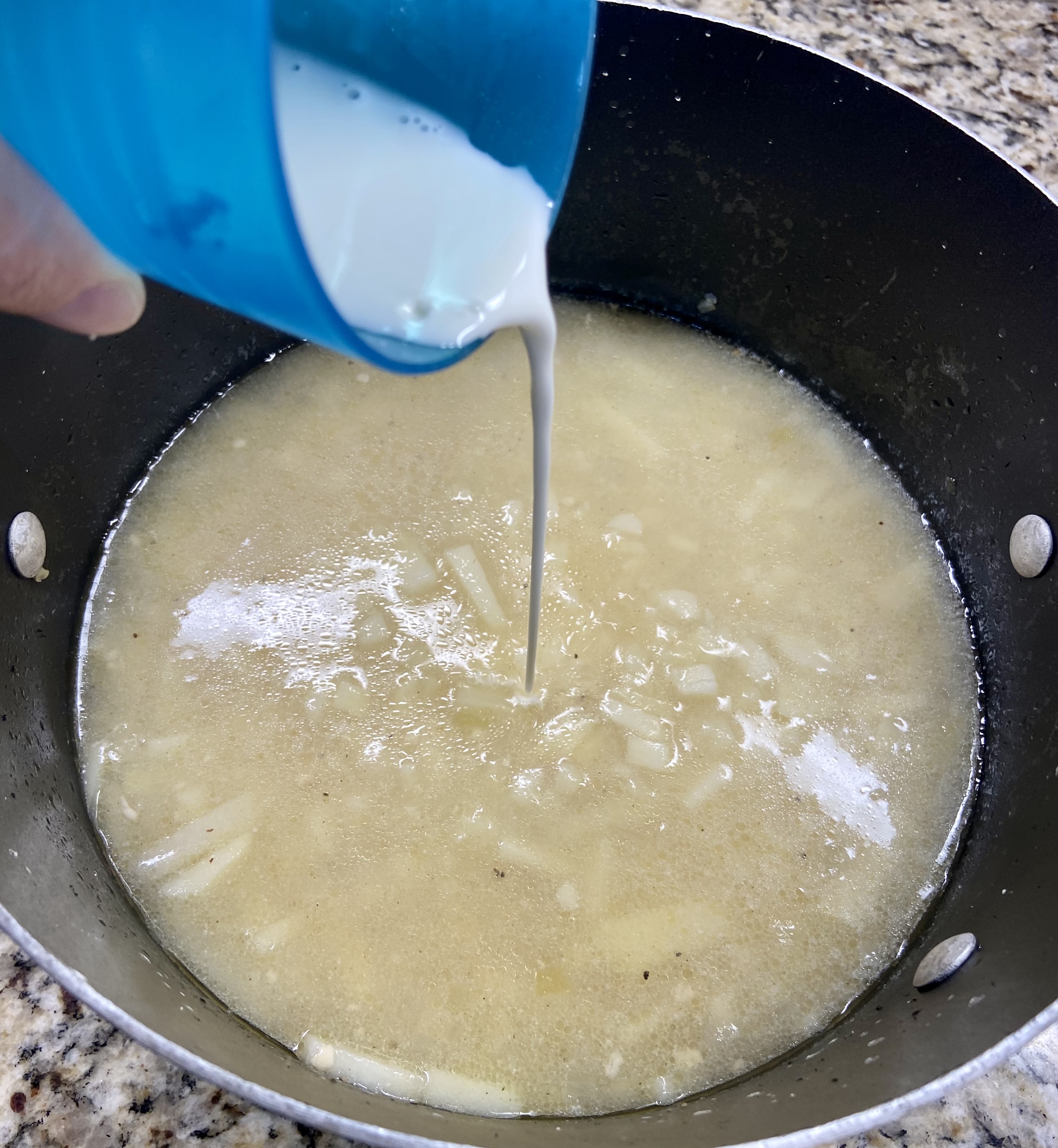 pour mixed cornstarch and milk into your potato soup and stir until it thickens. 